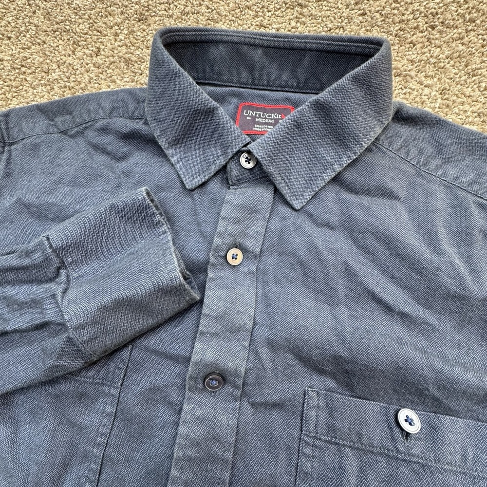 Untuckit Men's 100% Cotton‎ Flannel Button Work Shirt Navy Herringbone • Medium